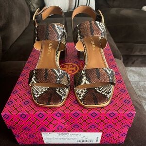 Tory Burch Brown and Cream Snake Print Sandals